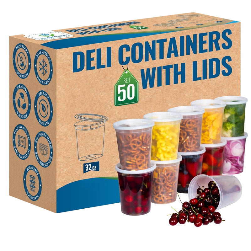 SafeWare Deli Plastic Food Containers with Airtight Lids [50 Sets], Leakproof Slime Small Combo Pack [Reusable, Storage, Disposable, Meal Prep, Soup, Microwaveable & Freezer Safe] (16oz) - Image 1